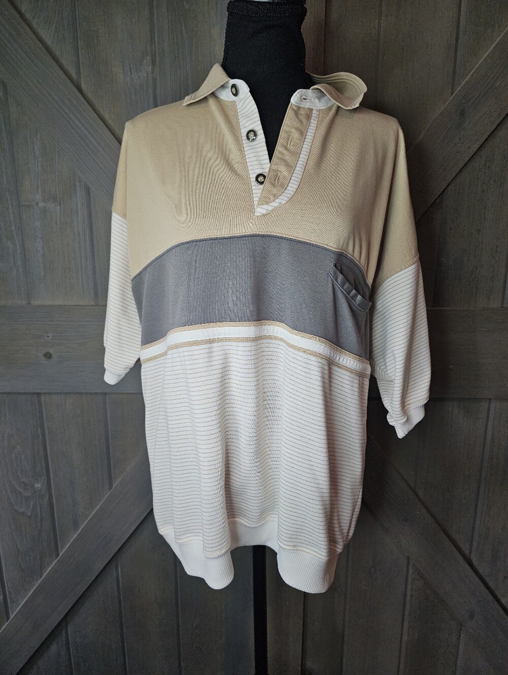 Vintage Greenline Beige & Gray Striped Collared Polo Shirt sz Large